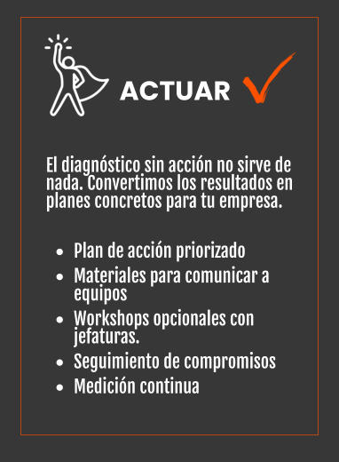 ACTUAR El diagnóstico sin acción no sirve de nada. Convertimos los resultados en planes concretos para tu empresa.  •	Plan de acción priorizado •	Materiales para comunicar a equipos •	Workshops opcionales con jefaturas. •	Seguimiento de compromisos •	Medición continua